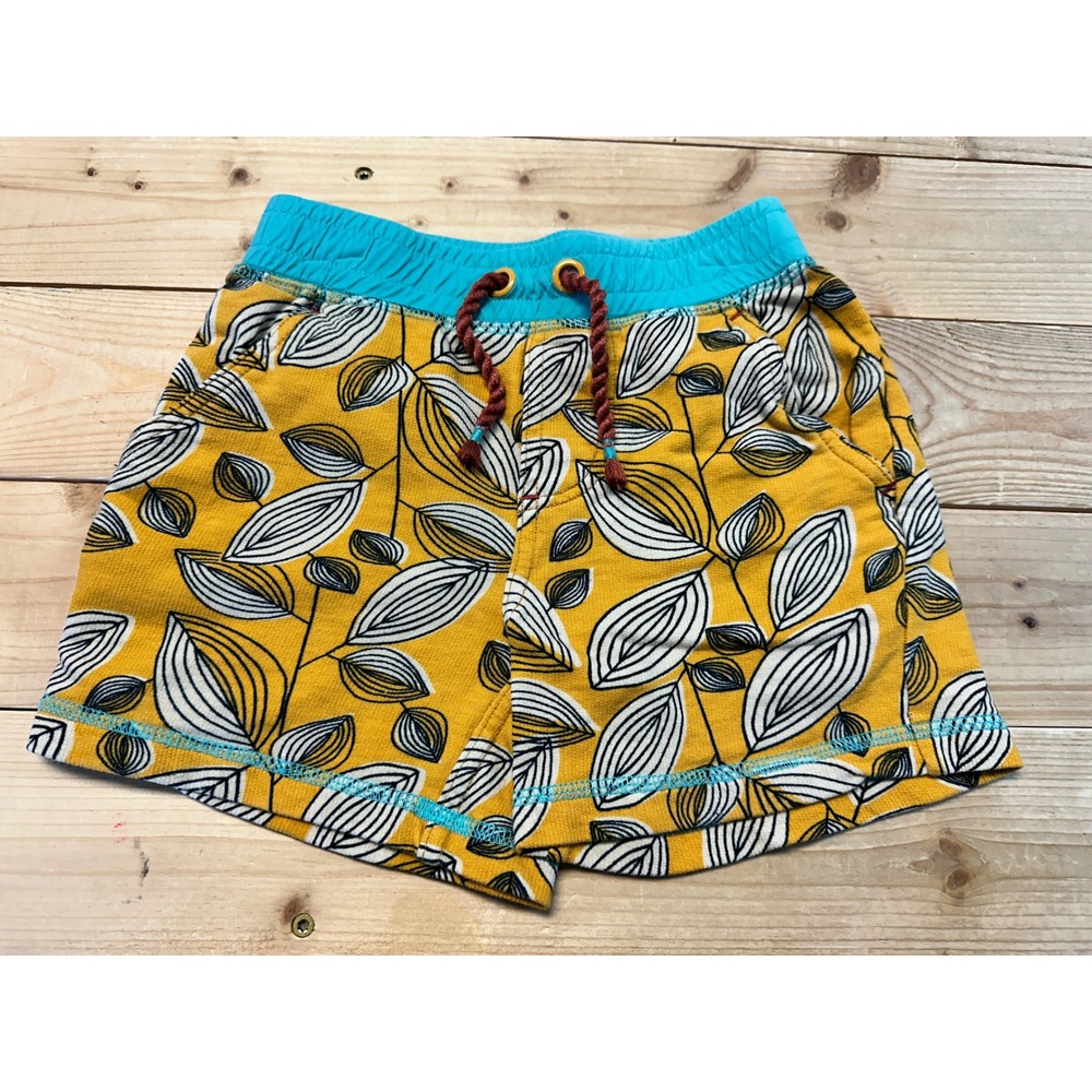 Matilda Jane Girls Mustard Yellow Leaf Print Knit Shorts Size 2 Turquoise Trim